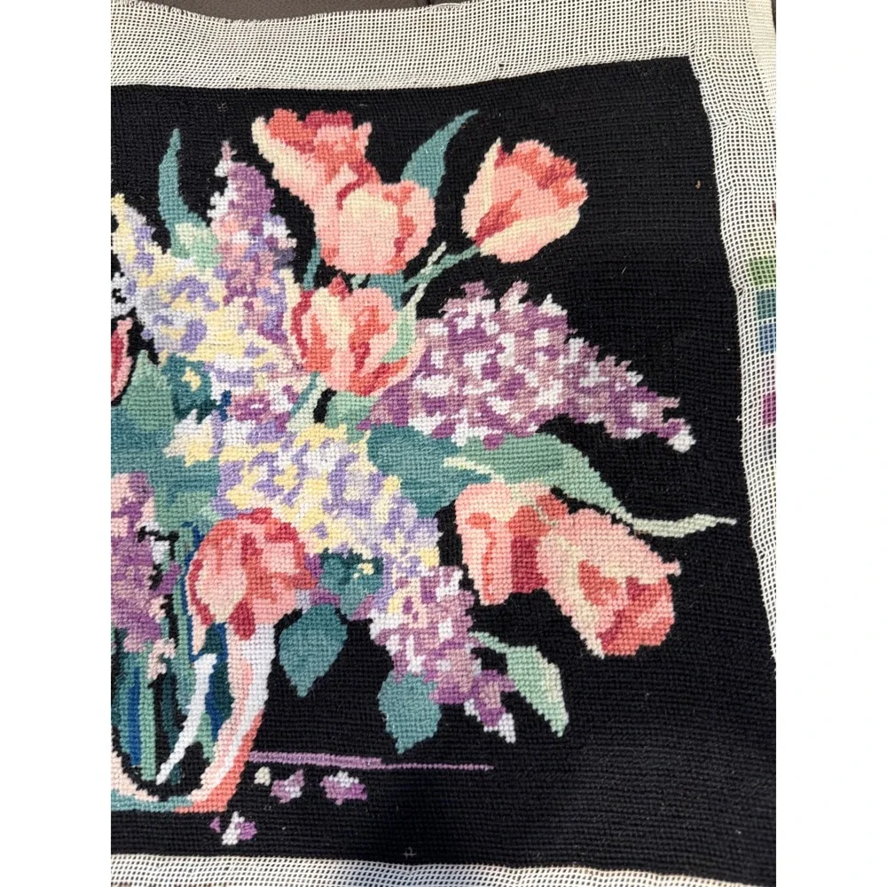 Vintage 1991 Dimensions Completed Needlepoint Floral Tulips Lilacs Black 21x17